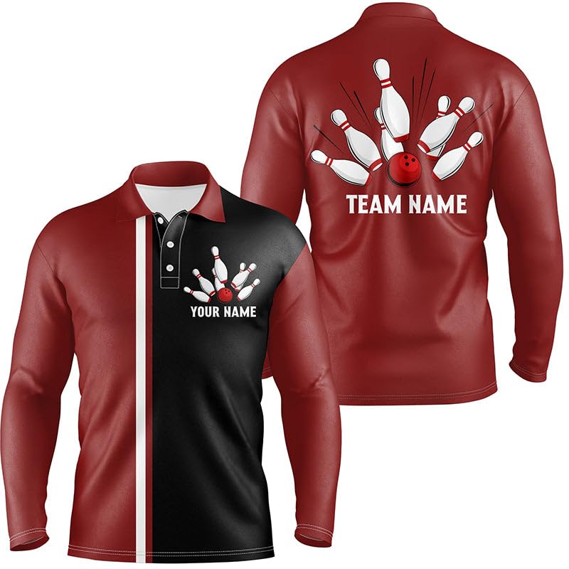 Personalisiertes Rot-Weiß-Schwarzes Retro-Bowling-Shirt mit Polo & Viertelreißverschluss für Männer & Frauen, individuelle Bowling-Teamtrikots T135