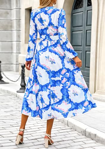 PRETTYGARDEN Women's Floral Midi Dress Casual Fall V Neck Long Sleeve Flowy Spring Beach Wedding Guest Vacation Dresses