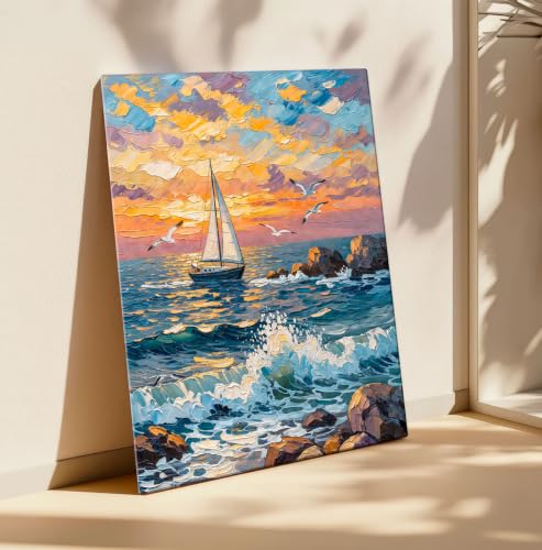 Image of ArtX Boat Canvas Painting for Vastu, Colorful Landscape Wall Art, Nature Canvas Painting, Gallery Wrapped Canvas for Living Room, Bedroom, Office Decor, 45 x 58 cms