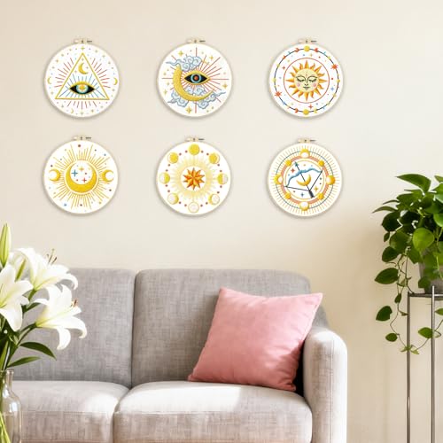 Image of BEUNITONE 6Set Tarot Embroidery Kit for Beginners with Dreamy Pre-print Patterns, DIY Craft Kits for Adults Women with Embroidery Hoops and Full Kits, Needlepoint Kits for Home Decor and Gifts 20x20cm