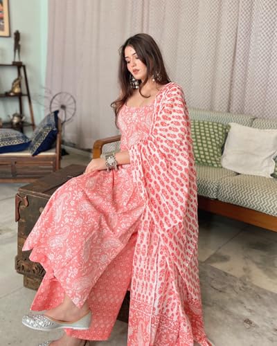 Image of Women's Cotton Anarkali Kurta Set with Dupatta | Sleeveless Printed Kurti & Palazzo Suit | Ethnic Wear for Girls & Women