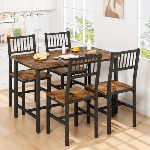 AWQM 5-Piece Industrial Dining Set for 4 - Rustic Brown Metal Frame with Wood Top