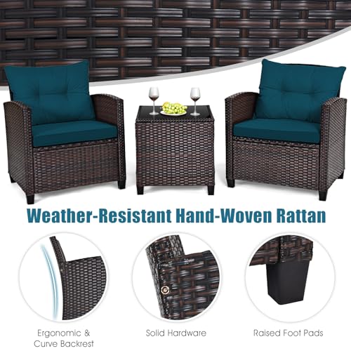 Image of Tangkula 3 Pieces Patio Furniture Set, PE Rattan Wicker 3 Pcs Outdoor Sofa Set w /Washable Cushion and Tempered Glass Tabletop, Conversation Furniture for Garden Poolside Balcony (Prussian Blue)