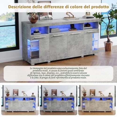 Merax Cemento Tavolino Credenza - 140 x 40 x 70 cm Armadio soggiorno con illuminazione a LED, vetro temperato, 3 scomparti e portaoggetti multiuso per soggiorno e cucina