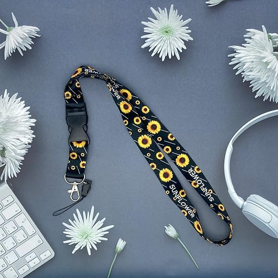 Lanyard for Keys Breakaway Lanyard Neck Strap for Women for id Card Badge Holder with Metal Clip(Black Sunflower) - Image 4