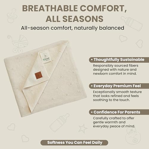 Image of Pointelle Double Layer 100% Tencel Baby Blanket - Breathable Temperature Regulating - Oeko-TEX Certified - 30x40 inch - Gift Box with Ribbon (Warm White)