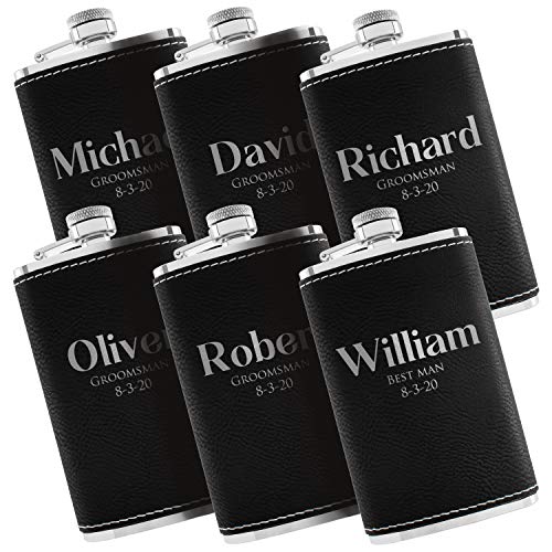 Groomsmen Gifts Set of 6, Personalized Hip Flasks, Groomsmen Proposal, 6 Oz Engraved Leatherette Flasks for Men, Best Man Gifts for Wedding, Groomsmen Gifts for Wedding - Black #1