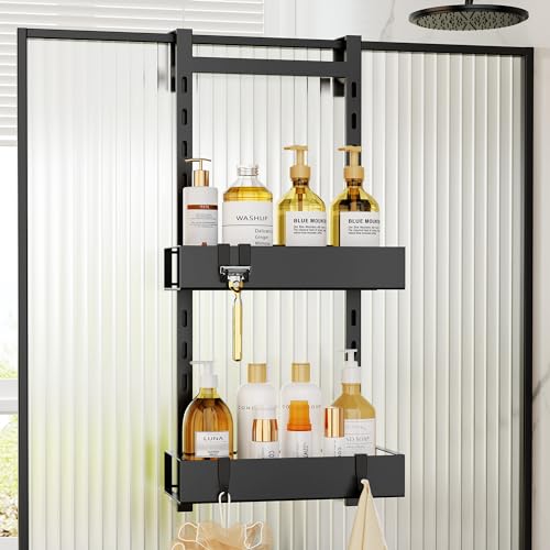 Orimade Adjustable Over-The-Door Shower Caddy with 4 Hooks and Suction Cups - Rustproof 2-Tier Organizer in Black