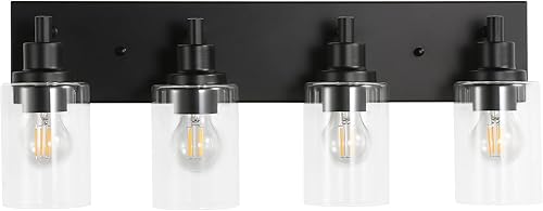 Miniatura 8 de LOUSACE Lámpara de tocador de baño de 4 luces, accesorios de iluminación de baño negro mate con pantalla de vidrio transparente, apliques de pared