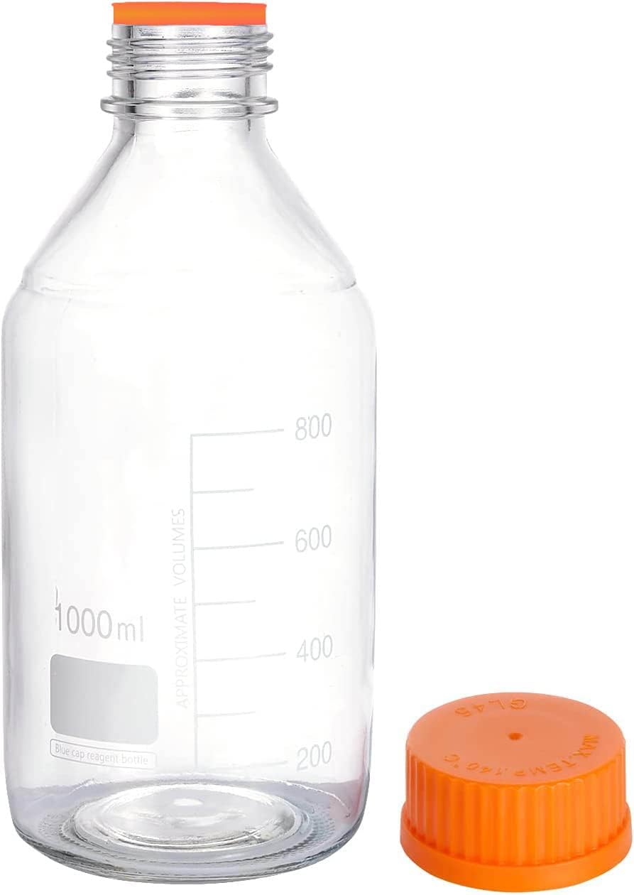 Lab Media Storage Round Bottles Graduated Glass Container GL45 Screw Cap Leakproof Multi-Purpose for Scientific | 1000ml pack of 4 (Orange)