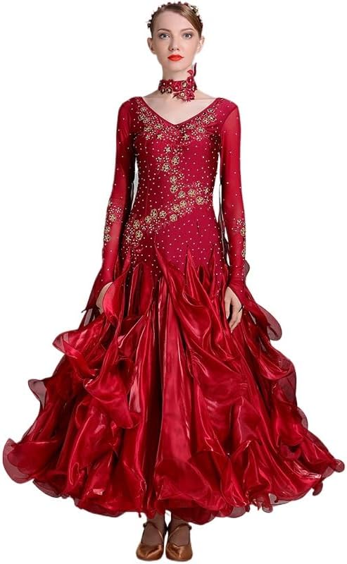 HEARTTOUCH Women Modern Waltz Tango Dress Dance Dress Long Sleeve Ballroom Professional Performance Competition Costume
