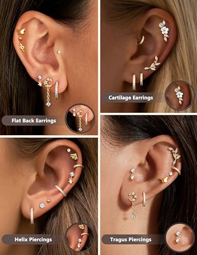 16 Gauge Cartilage Earrings for Women - 14K Gold Plated Flat Back Earrings Hypoallergenic Surgical Stainless Steel Stud Hoop Cartilage Earrings Set Daith Conch Tragus Helix Piercing Jewelry3
