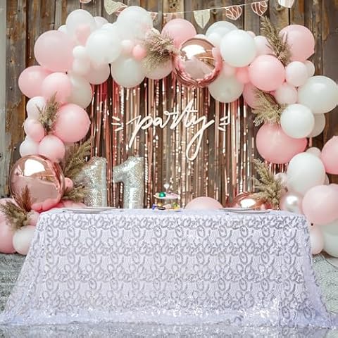 Juya Delight Silver Sequin Tablecloth Embroidery Flower Tablecloth Rectangle Sparkly Table Cover for Wedding Home Outdoor Party Decorations,90x132Inches Cover