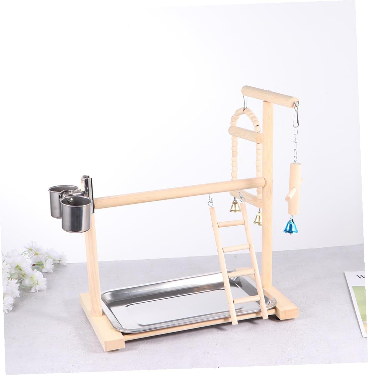 Wooden Parrot Stand with Hanging Swing and Perch Platform Natural Wood Bird Playstand for Parrots and Small Birds Indoor Cage Accessory and Exercise Random Color