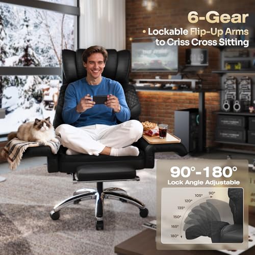Image of Ergonomic Office Chair with Footrest, Criss Cross Legged Desk Chair with Flip-Up Arms, Wider Thicker Spring Seat, Lumbar Pillow, Pet-Friendly, 500LBS Big and Tall Heavy-Duty Executive Leather Chair