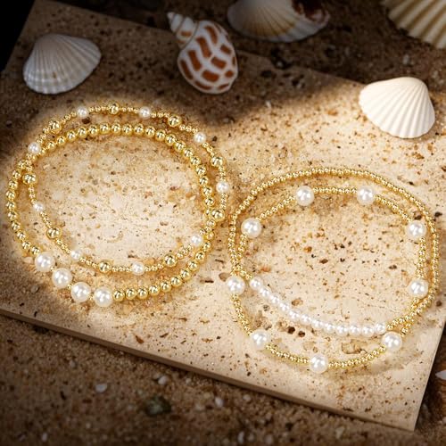 Dainty Gold Pearl Beaded Bracelet Stack for Women,4PCS Handmade Stretch Bohemian Gold Plated Beads Stackable Bracelets Trendy Prom Jewelry Gift Friendship3