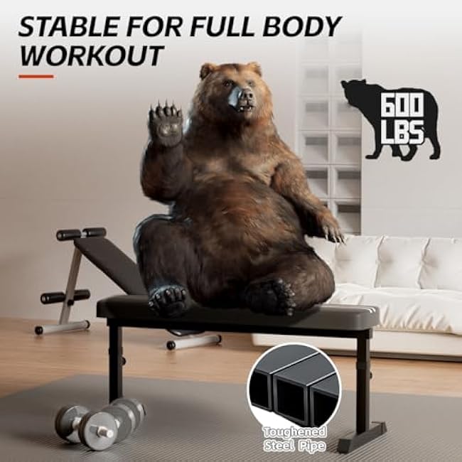 Black Flat weight Bench, Bench workout, Easy Assembly for Training Bench Press with adjustable height, 600LBS gym bench for Full Body Workout and home workout, 4 Adjustable Heights Heavyy Bench,