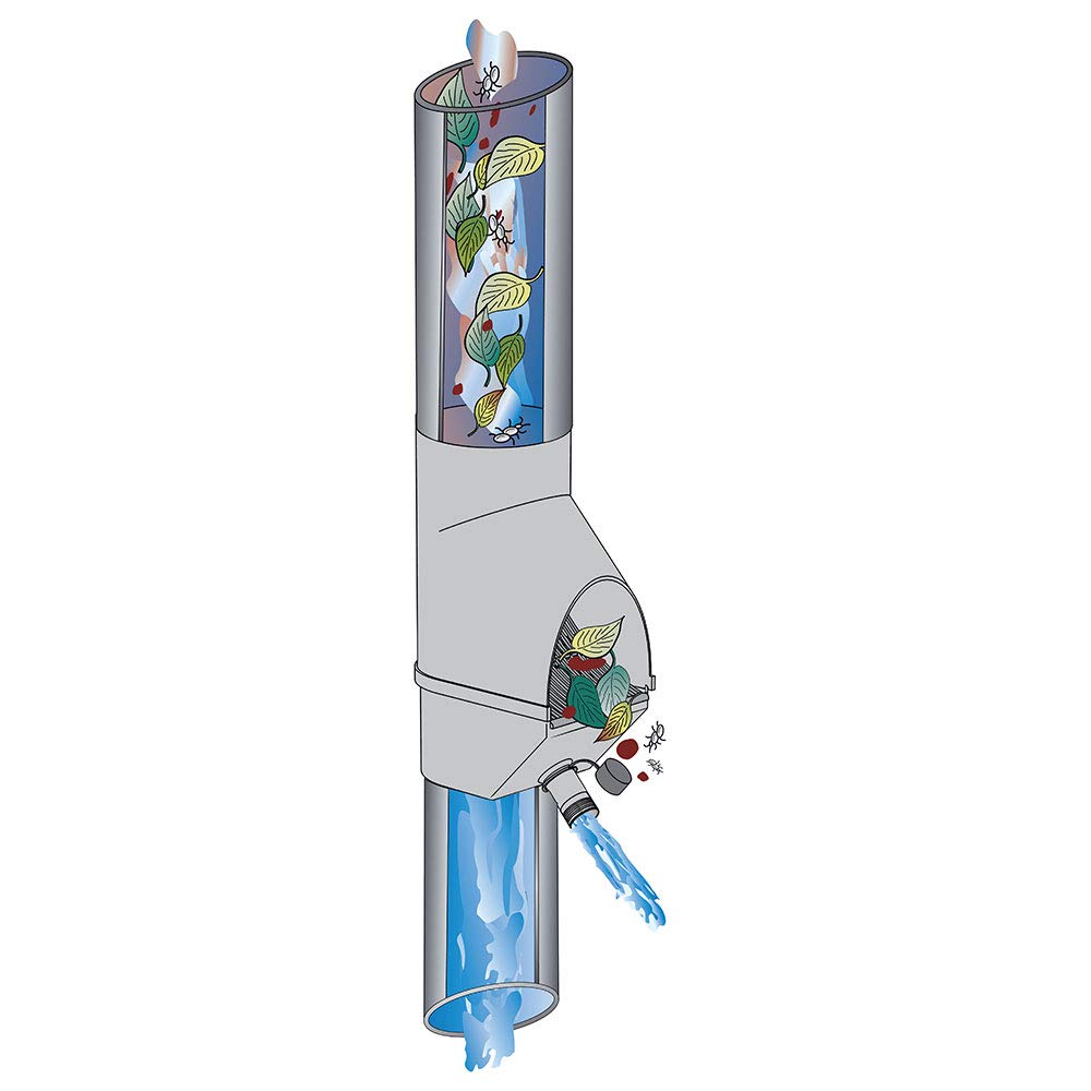 Regenwasserfilter Laubabscheider mit Füllfunktion grau für Blechfallrohre Ø 80 und 100 mm. Verhindert das Zusetzen und Verstopfen von Fallrohren durch Grobschmutz wie Laub, Äste und Moos.