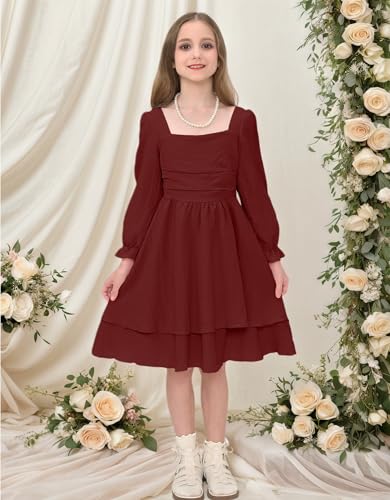 JiAmy Girls Dresses Square Neck Lantern Long Sleeve Ruched Smocked Back Double Layer Ruffle Dress3