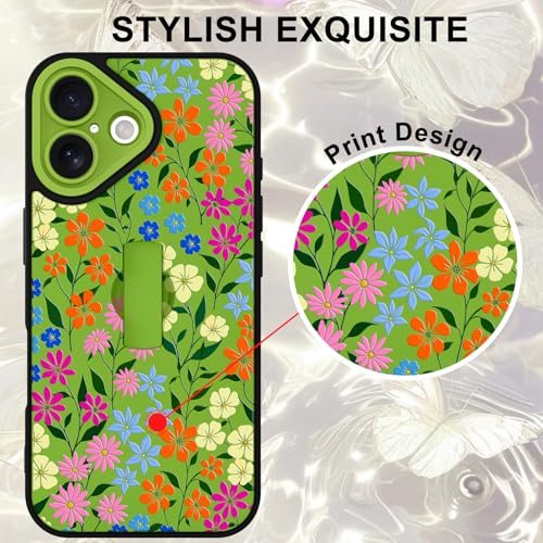 Image of for iPhone 16 Case with Finger Strap Holder, Cute Colorful Floral Flower Print Pattern Design for Women Girls, Shockproof Anti Scratch Hand Kickstand Protective Cover, Green