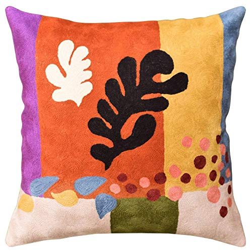 Kashmir Designs Matisse Coral Pillow Cover | Orange Modern Pillows | Modern Chair Cushion| Farmhouse Pillows | Flower Outdoor Pillow | Mid Century Chair Cushion | Hand Embroidered Wool Size 18x20
