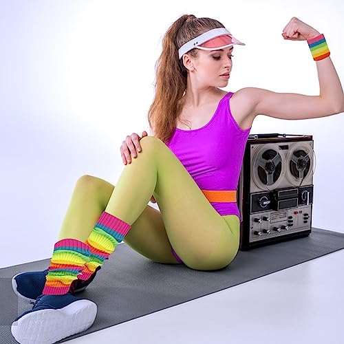 Leg Warmers for Women 80s Headband Wristbands Neon Leg Warmers Set for Sport Yoga - 80s Workout Clothes 90s Outfit for Women3
