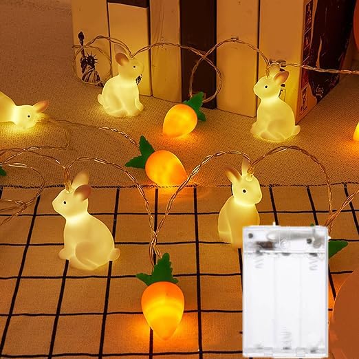 Filo di luci a LED con coniglietto pasquale e carota, 20 m, 20 LED, funzionamento a batteria, decorazione pasquale per interni, per feste, casa, interni ed esterni (bianco caldo)