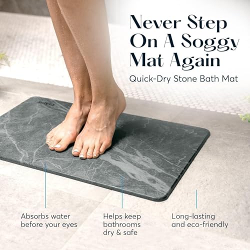 Image of SUTERA Rubber- Stone Bath Mat, Diatomaceous Earth Shower Rectangular Shape Mat, Non-Slip Super Absorbent Quick Drying Bathroom Floor Mat, Natural, Easy to Clean (Dark Marble)