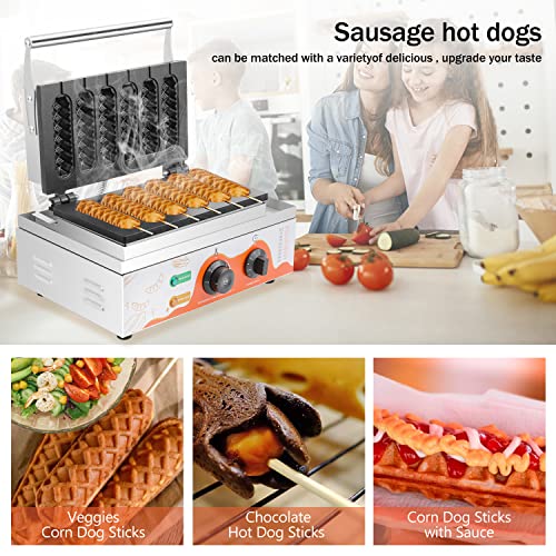 Moongiantgo Commercial Corn Dog Waffle Maker Machine 6 Pcs 1550W Waffles On A Stick Maker Stainless Steel, 50-300℃ Temp Control, 5-Min Timer Waffle Dog Maker 110V(White) #TOP4