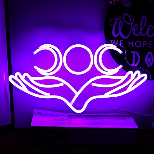 Alkkign Hand to Moon Neon Sign Hand Supported Month Neon Light Purple Led Sign for Wall Decor 16.5”x8.6” Moon Neon Sign for Kids Room Man Cave Bedroom Store Decoration