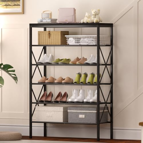 Image of 6 Tiers Shoe Rack, Large Capacity Shoe Rack Holds 32 Pairs of Shoes, Durable and Stable, Adjustable Metal Shelf Stackable Shoe Shelf for Entryway, Hallway, Living Room, Closet