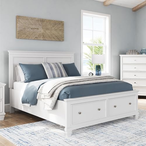 Image of Signature Design by Ashley Fortman Queen Panel Storage Bed with Drawers | White farmhouse aesthetic with deep footboard drawers, Hardwood solids and MDF substrate, Laminated LVL roll slats