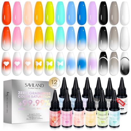 Image of SAVILAND Airbrush Gel Nail Polish Hema-Free: Dilution-free 30ML Airbrush Polish Set, Cool & Warm Colors Non-Acetone Airbrush Stencils for Nails Airbrush for French Nail Art Manicure DIY Salon & Party