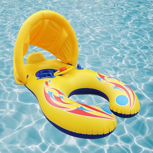 EEOCWF Mommy Baby Pool Float with Canopy Detachable Interactive Parents Toddlers Swimming Ring Inflatable Infant Pool Floaty Toddler Floats with Handle for Summer