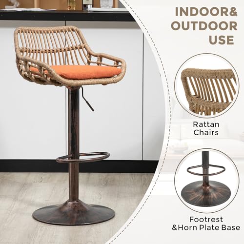 Butacos giratorios de ratán PE, ajustables en altura, set de 2 unidades, con respaldo tejido y asiento tapizado, estilo retro, color naranja miniatura 5