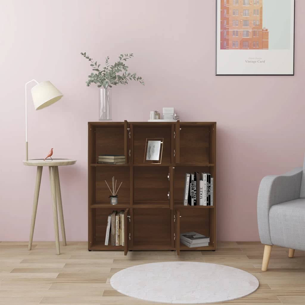 Générique Bibliotheque Chene brązowy 90x30x90 cm Wood Ingenierie | 9 przegródek, 5 drzwi, przechowywanie książek DVD, solidny top, mocowanie ścienne w zestawie