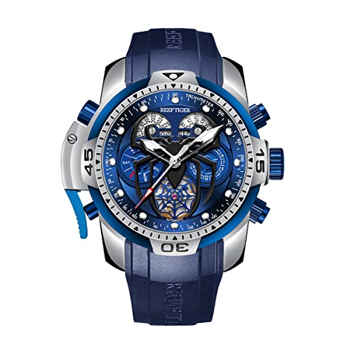 REEF TIGER Fashion Style Sport Automatik Uhr Spinne Zifferblatt mit Kompliziertem Jahr Monat Ewiger Kalender Mechanische Gummi Uhren RGA3532SP (RGA3532SP-YLRL)