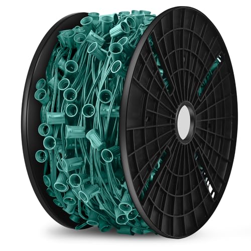 BesLowe Commercial 500 FT C9 Cut to Length Christmas Lights Outdoor, E17 Sockets Stringer Christmas Light Spool, C9 Sockets Patio String Light Strands, 12 Spacing Green Wire