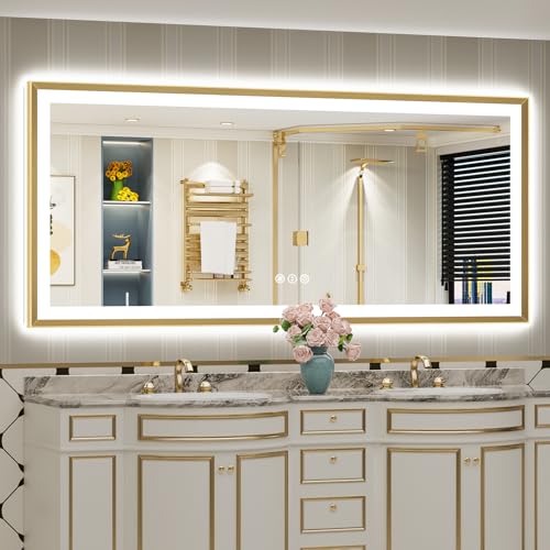 Image of 77x36 Gold Beveled LED Bathroom Mirror Backlit & Front Lit Anti-Fog | Brushed Gold Framed, Anti-Fog Lighted Vanity Mirror, Dimmable, 3-Color Light, Memory, CRI95, HD Tempered Glass, UL Listed