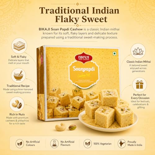 Image of BIKAJI Soan Papdi Cashew 500g | Traditional Indian Flaky Sweet with Cashews | Classic Festive Mithai Dessert | Soft & Layered Indian Sweet | Ready-to-Serve Sweet for Celebrations & Gifting - 17.64 oz Pack | Classic soft, layered Indian mithai with cashews; ready to serve for celebrations and gifting in a 17.64 oz pack