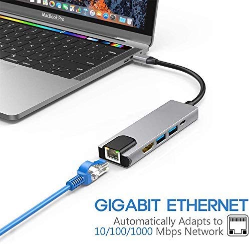 Hub USB C, adaptador multiporta de hub USB C, Thunderbolt 3 5 em 1 USB 3.1 Tipo C com 4K HDMI, 1000M