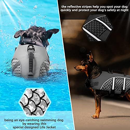 Kuoser High Visibility Dog Life Jacket, Adjustable Pet Floatation Life Vest Dog Swimsuit With Reflective Stripes & Rescue Handle, Shining Fish Scales Dog Lifesaver Swimwear For Pool Beach Silver Xs #TOP5