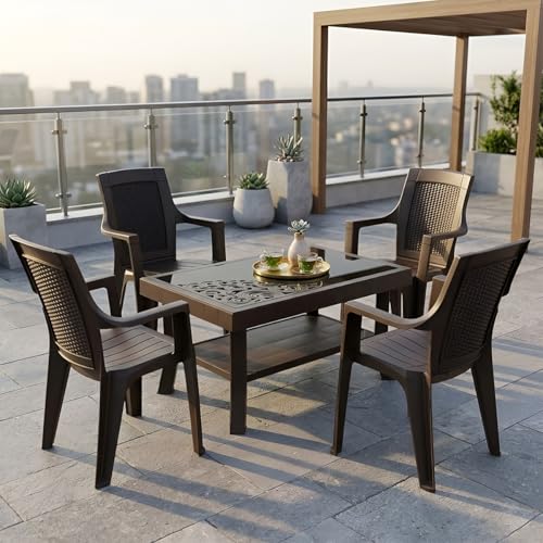 Image of Nilkamal Mystique Chair and Glass Top Coffee Table Set | 4 Chairs and 1 Table | Plastic Furniture Set for Indoor and Outdoor, Balcony, Garden, Patio & Living Room | Season Rust Brown and Weather Brown