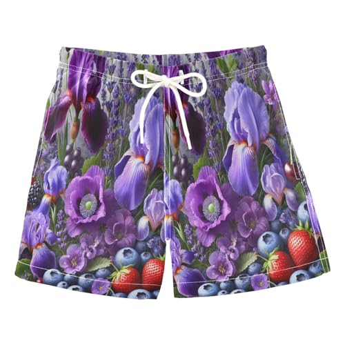 Purple Flowers Berries Boys Swim Trunks Quick Dry Toddler Swimsuit Boy Board Shorts Bathing Suits Swimwear S