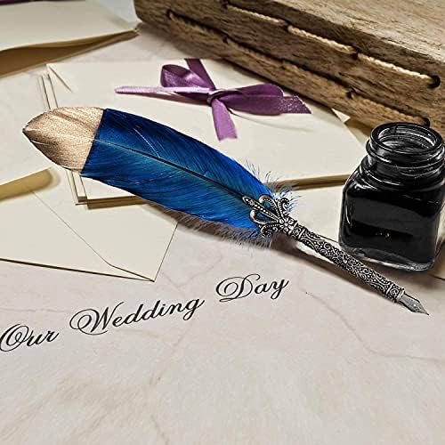 Quill Pen, Handmade Quill Feather Pen Set Antique Calligraphy Writing Quill Pen with Ink, Feather Pen with Ink and Steel Tips Calligraphy Set Quill Pen,6Replacement Nibs/Contains ink Navy blue