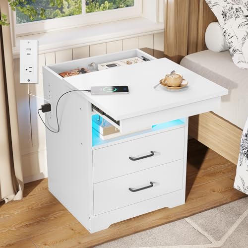 DICTAC Nightstand with Charging Station and LED Lights, Bedside Table