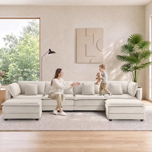 Image of Corduroy Sectional Couch, 4 Seater 149.2 inch U Shaped Cloud Couch with 2 Ottomans, Modular Deep Seat Sofa with Pillows for Living Room, Apartment, Beige