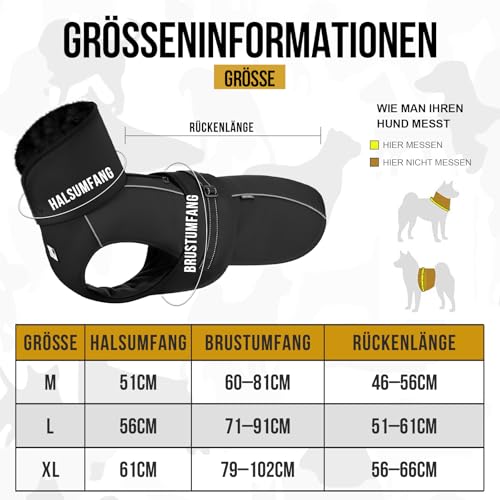 OneTigris Hundemantel, STORMWALL Wasserdicht Hundejacke mit Verstellbarer Rückenlänge Fleecefutter Reflektierend und Fellkragen für Wanderungen Outdoor für Mittelere & Große Hunde Schwarz M
