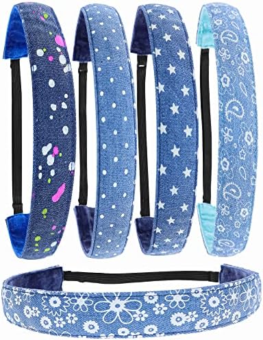 FROG SAC 5 Denim Non Slip Headbands for Girls, Adjustable No Slip Headband Pack for Kids, Elastic Fashion Hair Band for Children, Stretch Head Bands Hair Accessories for Birthday Party Favors