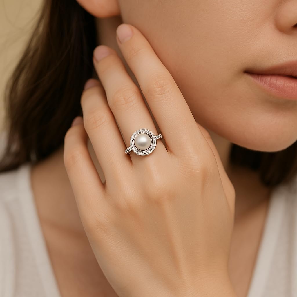 White Pearl Sterling Silver Ring with AAAAA Cubic Zirconia 18K White Gold Plated Elegant Jewelry Gift for Women - Available in Sizes 6 7 8 Ideal for Mother’s Day Birthdays and Anniversaries - Image 6